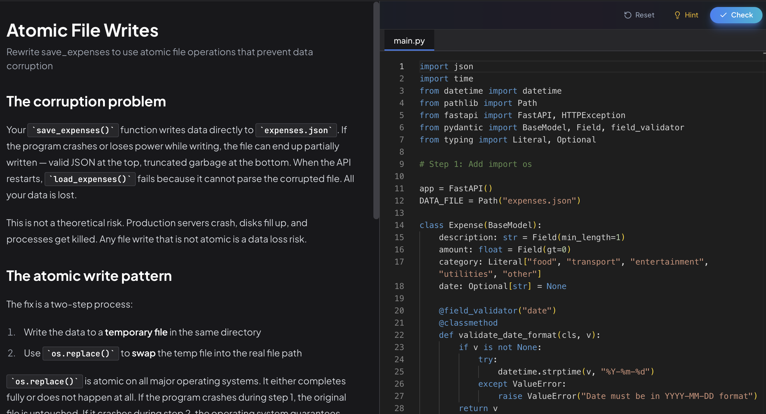 Rewriting save_expenses to use atomic file writes - the content explains the corruption problem, the editor shows the fix.