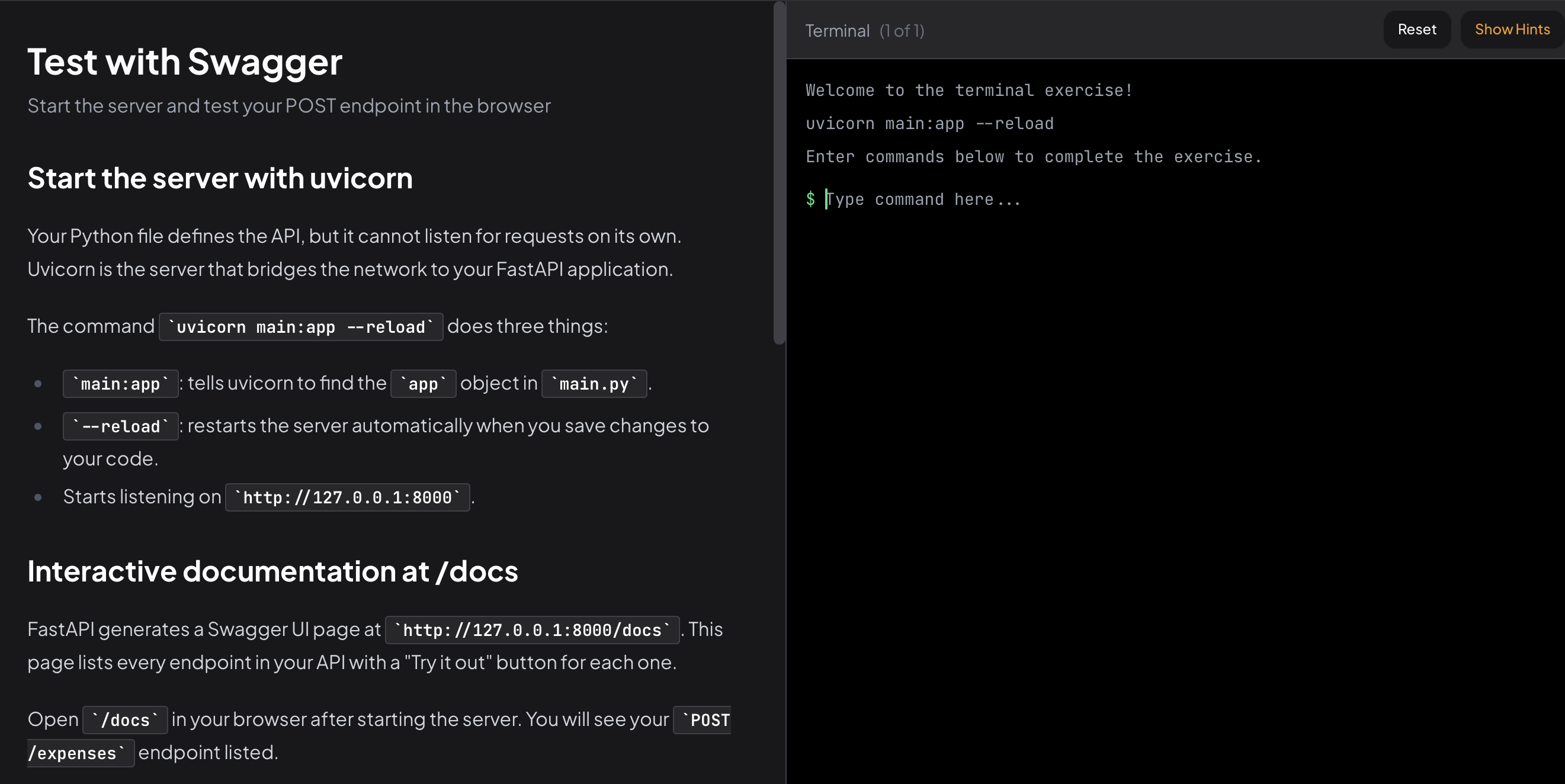 Starting the server and testing your POST endpoint in the browser - a terminal chapter from Course 1.