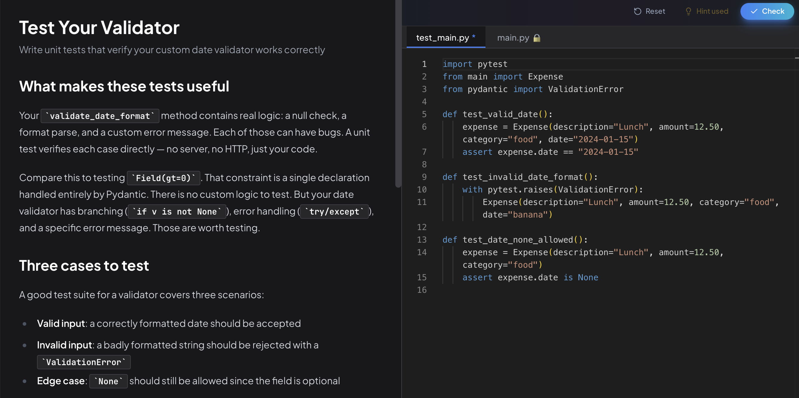 Writing unit tests for the date validator - instructions on the left, multi-file editor with test_main.py on the right.